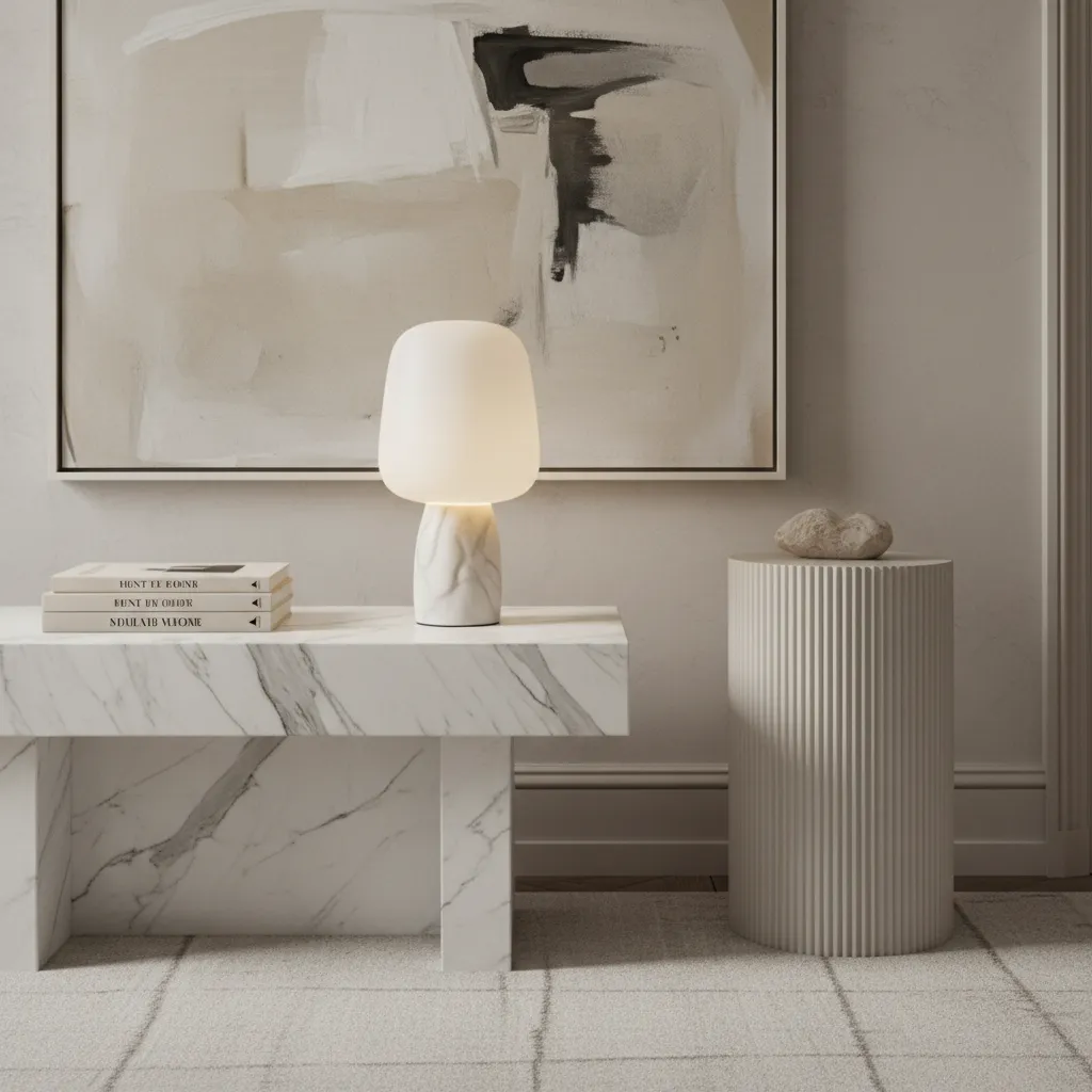 Table lamp on marble bench with abstract wall art books and a textured side table