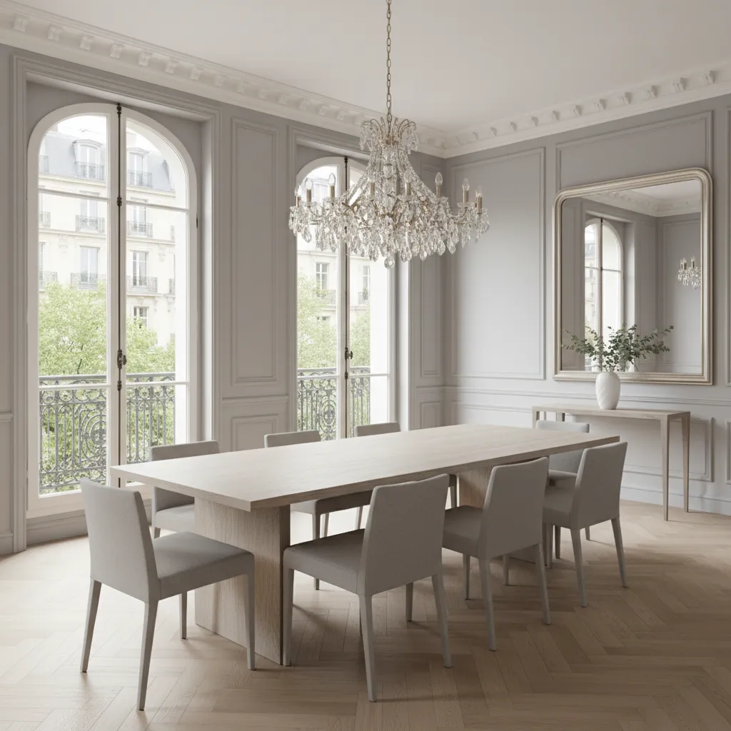Parisian apartment dining room with neutral palette and wall moldings