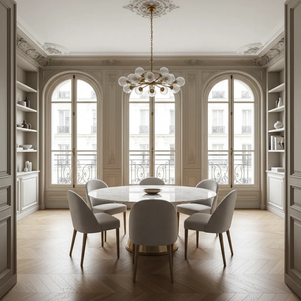 Elegant Parisian dining room with wall moldings and round marble table