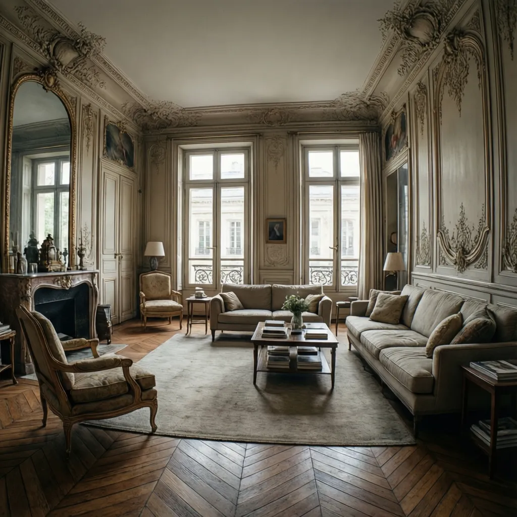 Classic living room with fireplace wall panel wooden floor beige sofas armchairs large mirror light