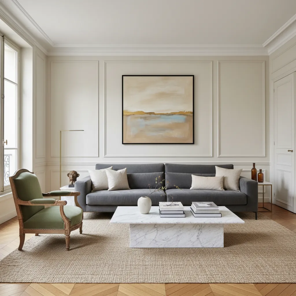 Modern living room with grey sofa green armchair marble coffee table wall panel and abstract painting