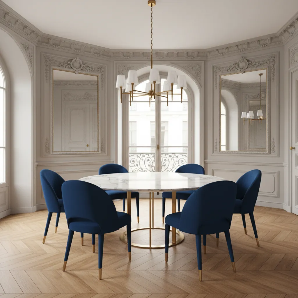 Elegant Parisian dining room with round marble dining table and slim chairs