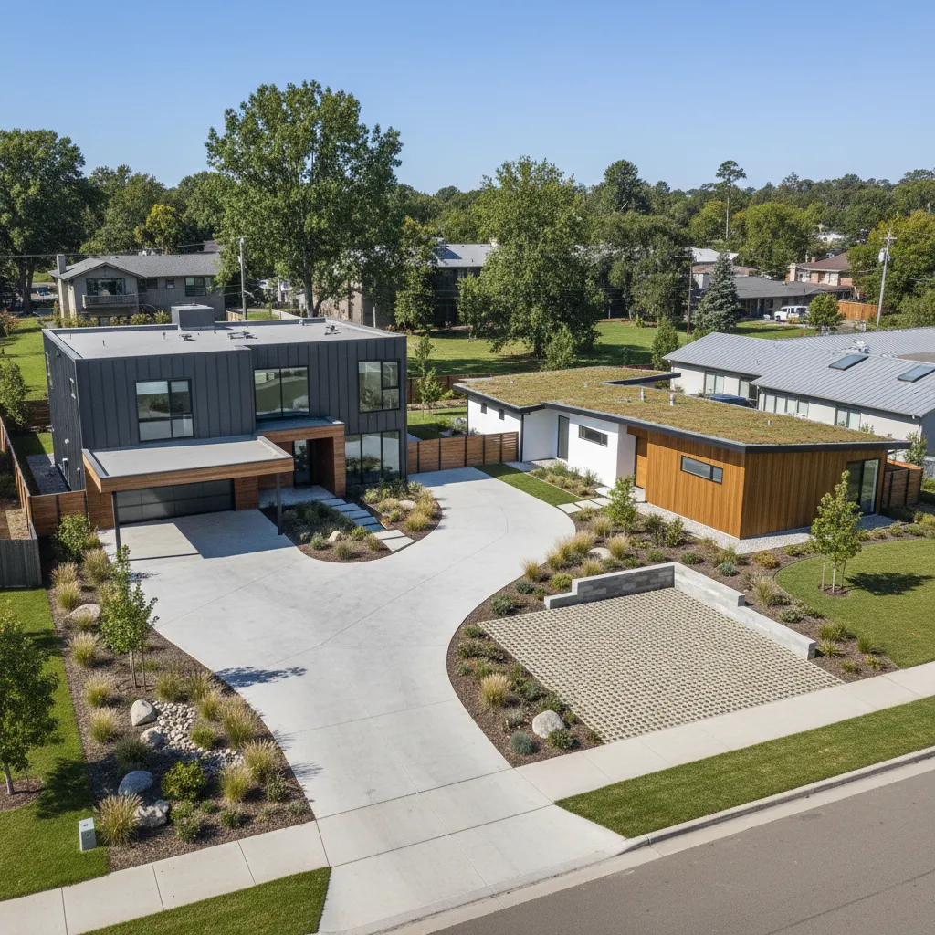 Aerial view of two modern houses with a large concrete driveway green grass and landscaping