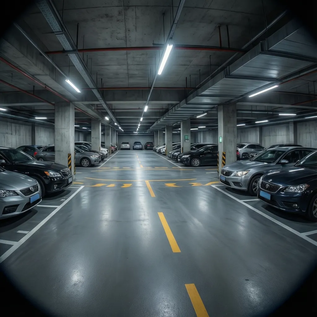 Basement parking layout showing clear circulation paths and turning areas