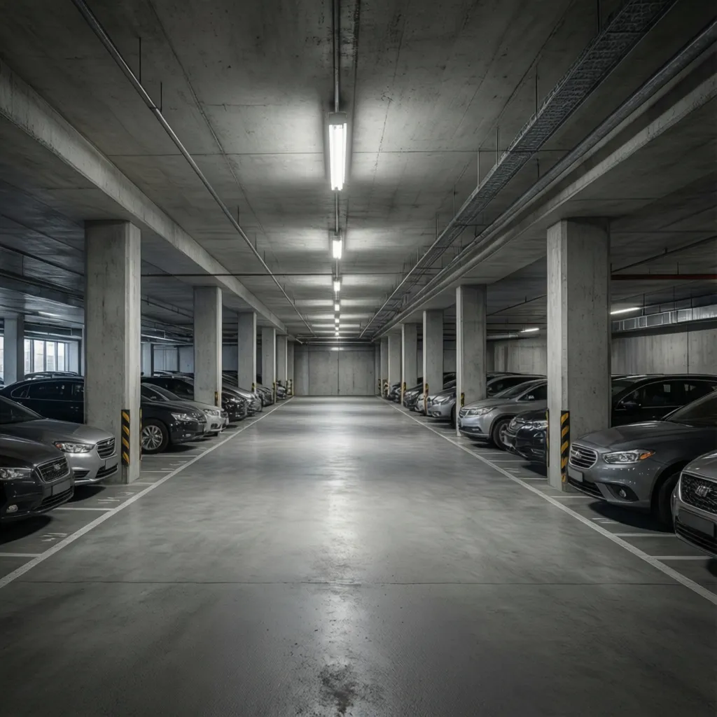 Basement garage showing structural columns aligned with parking stalls