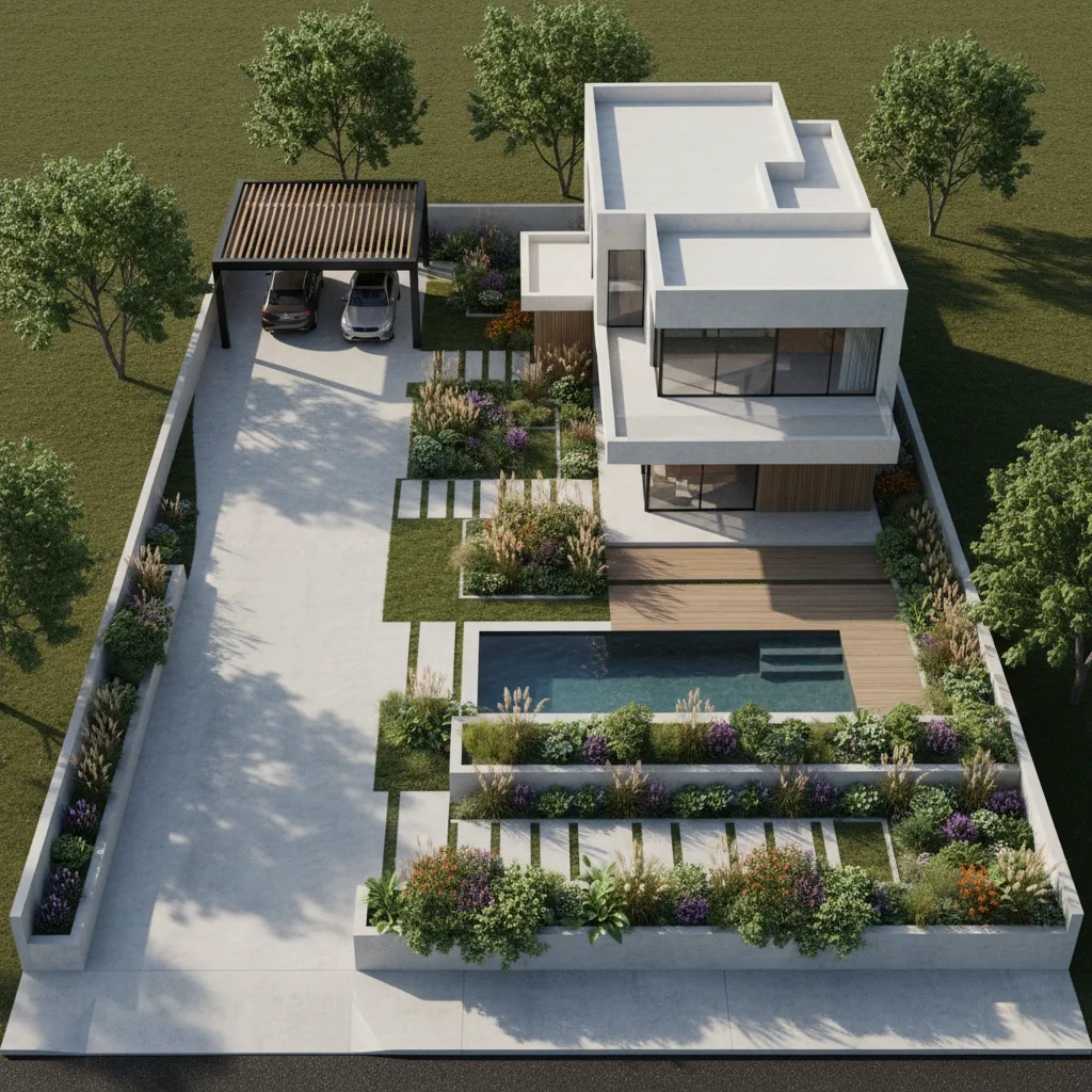 Ilustrasi site plan dengan tata letak carport dan akses kendaraan