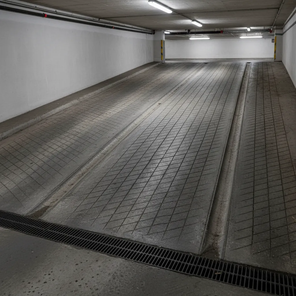 grooved anti skid concrete surface on parking ramp slope