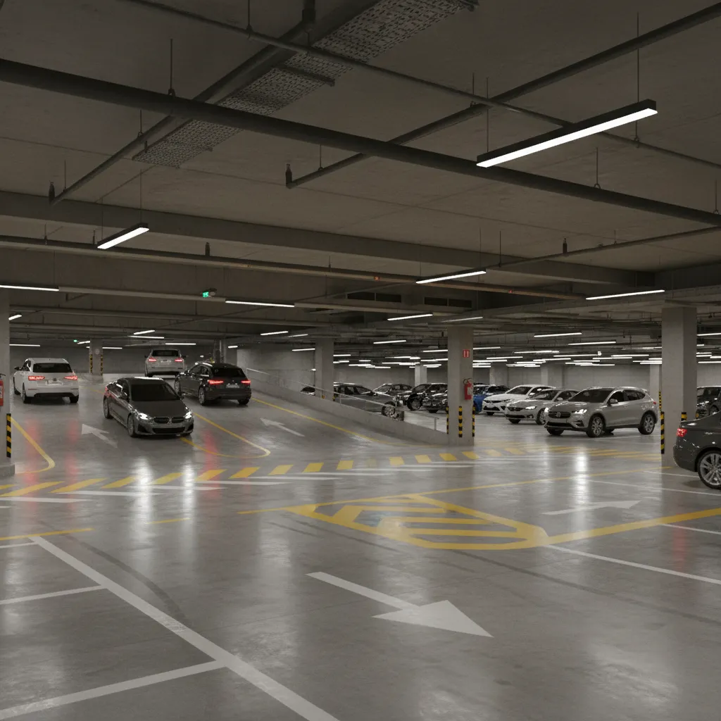 basement parking ramp connecting directly to parking aisle causing congestion