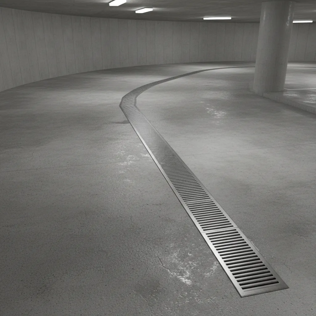 Trench drainage channel installed across basement parking ramp