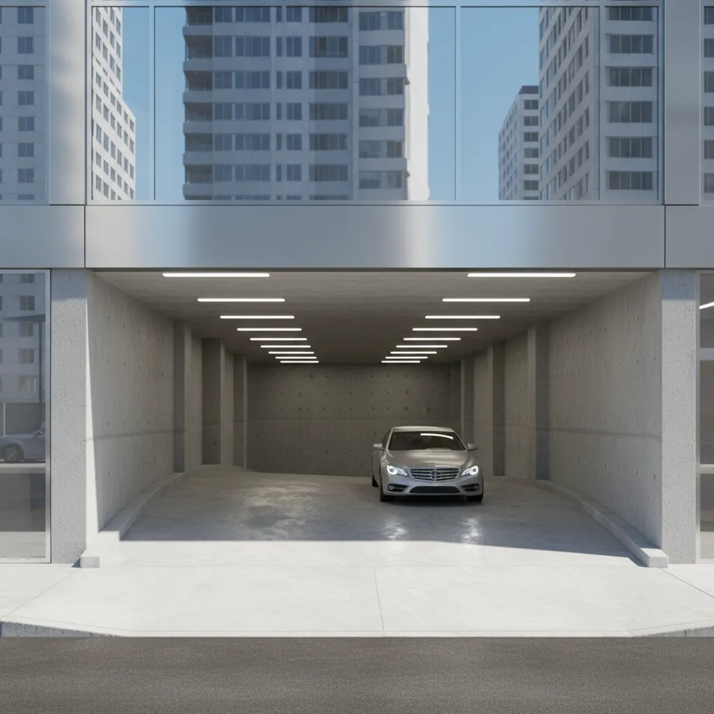 Basement parking ramp entrance with visible slope transition zone