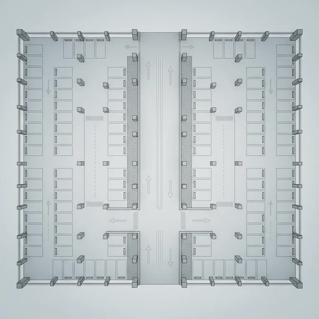 Linear straight parking ramp layout integrated into basement parking floor plan