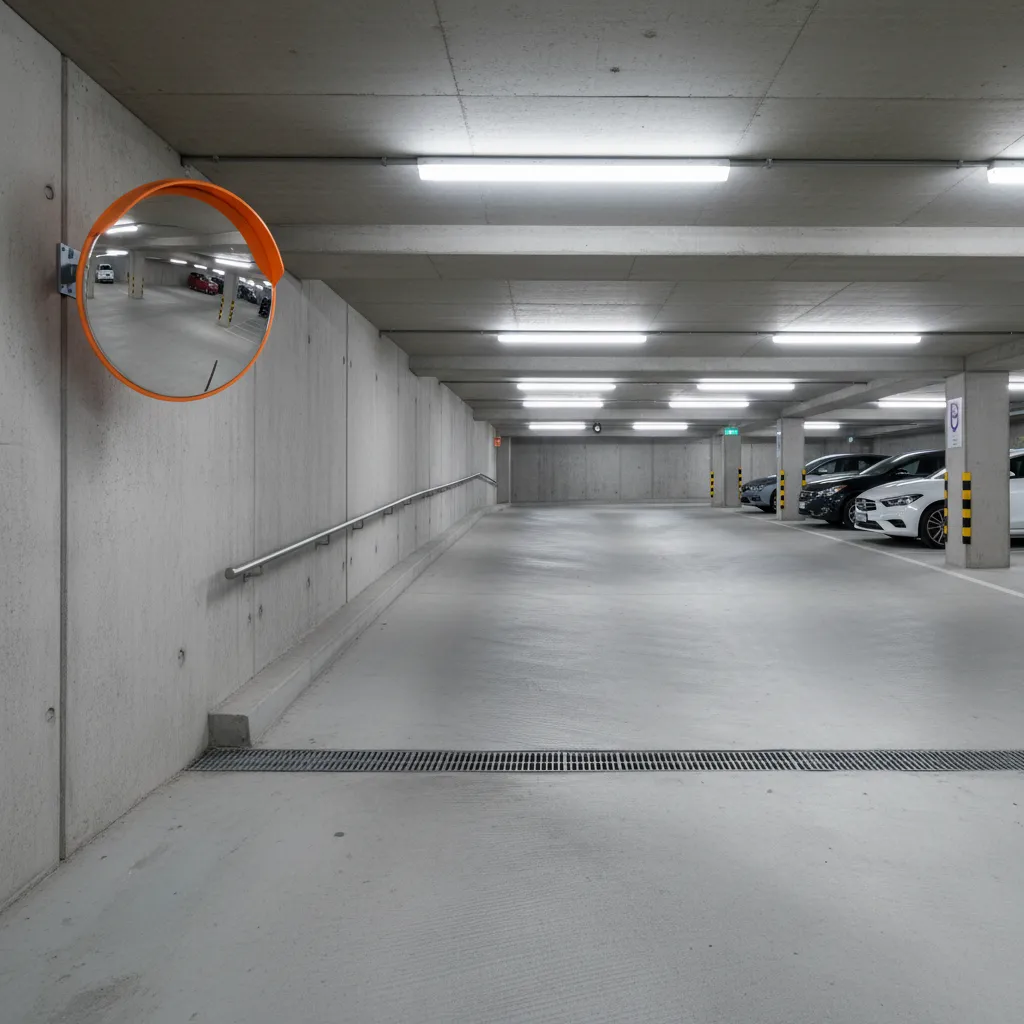 parking ramp entrance with convex mirror and clear driver sightline