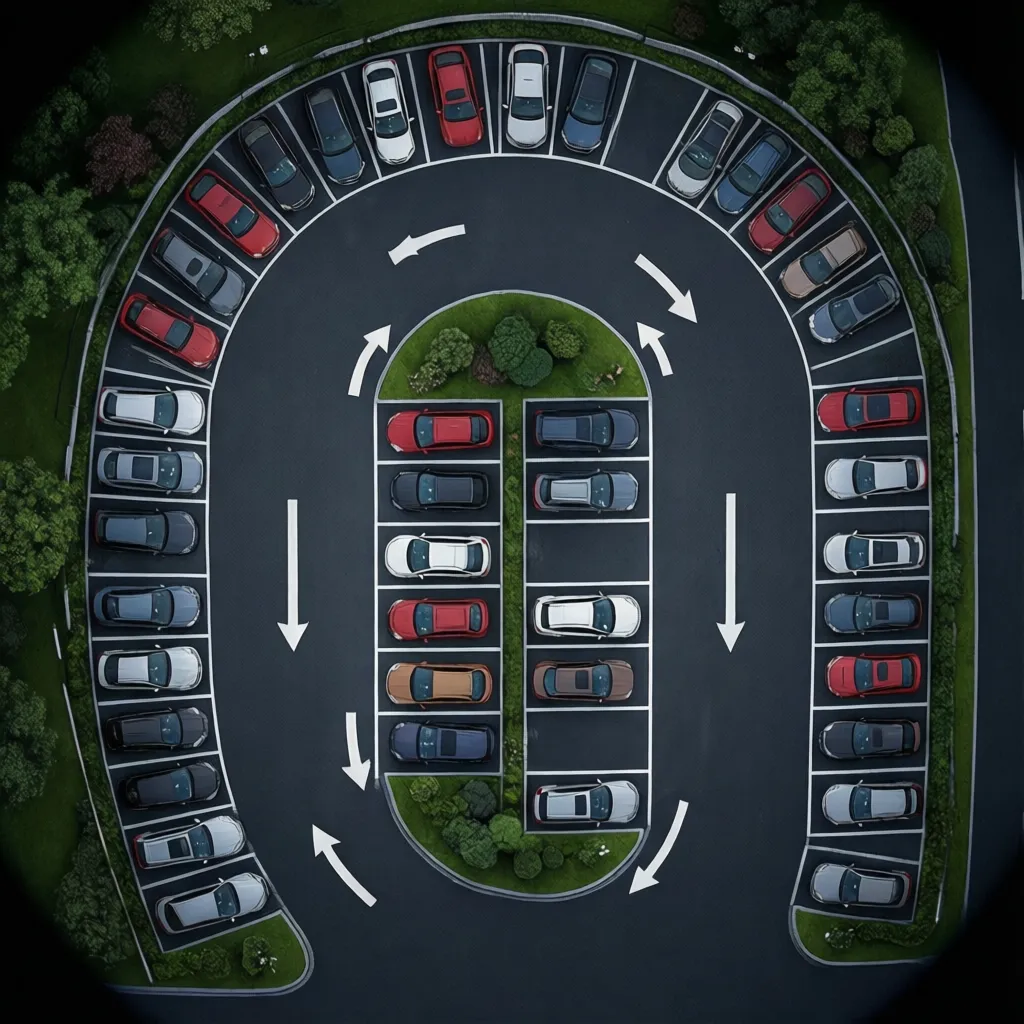 Vehicle turning path and circulation arrows in parking layout plan