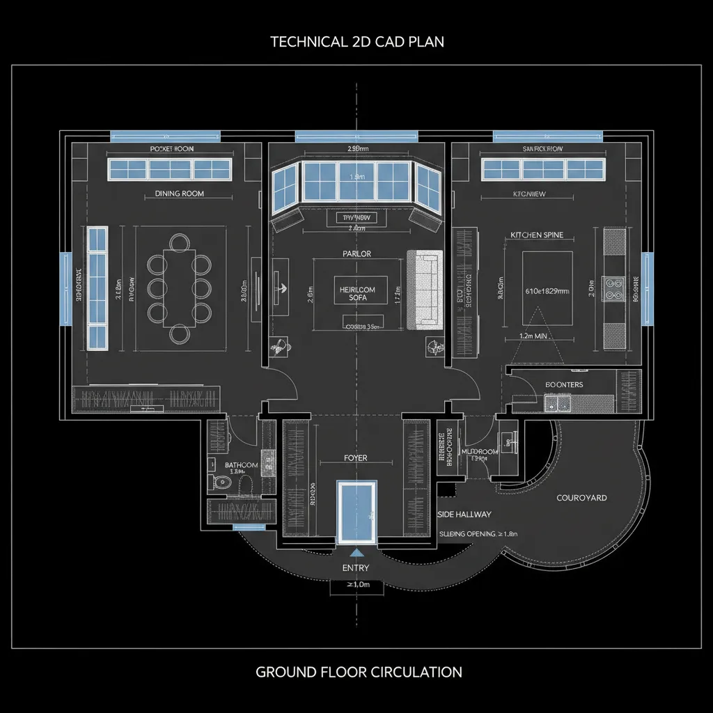 Parlor-Core Loop: Foyer to Parlor to Kitchen Spine