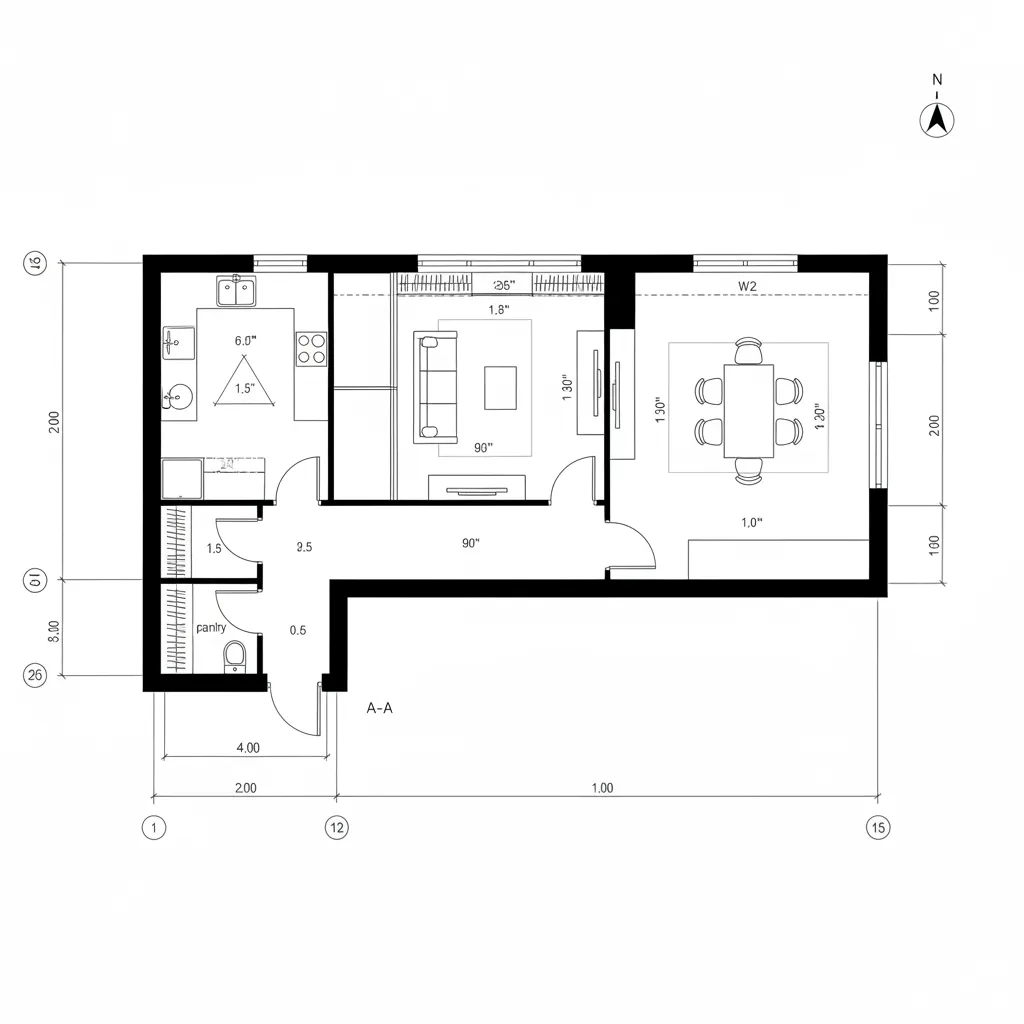 Top-down CAD plan showing enfilade entry, gallery buffer, parlor hub, dining cove, and kitchen loop with aligned doorways