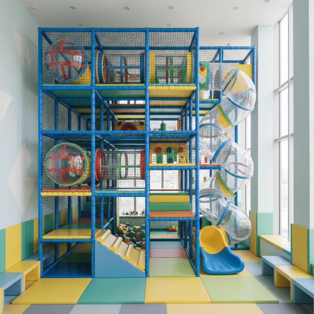 Parque infantil interior compacto con estructuras verticales