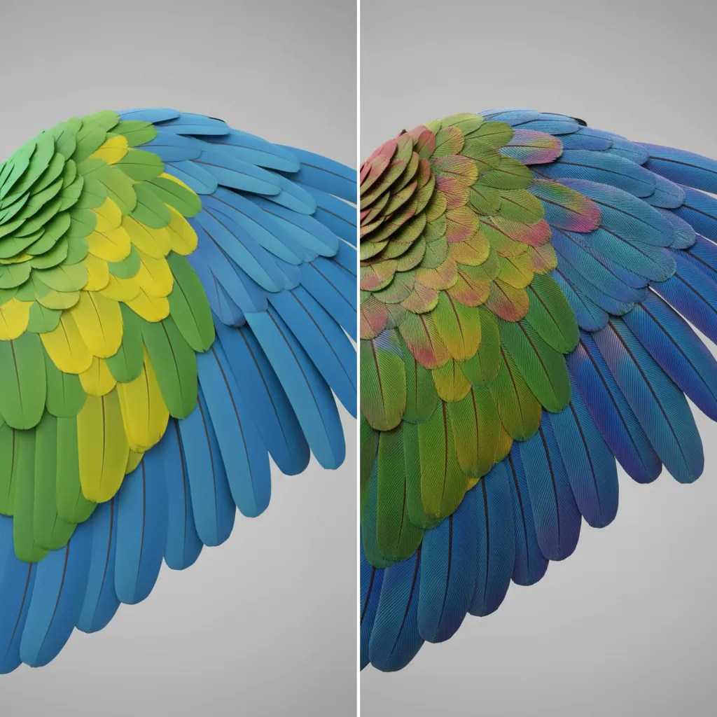 Comparison of stylized texture vs realistic feather texture on a parrot 3D model