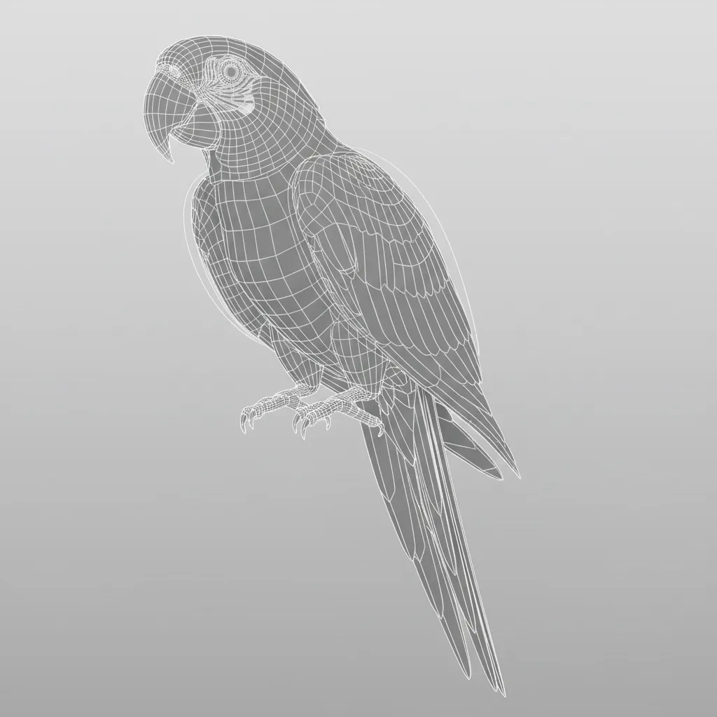 3D parrot model wireframe topology showing optimized edge loops