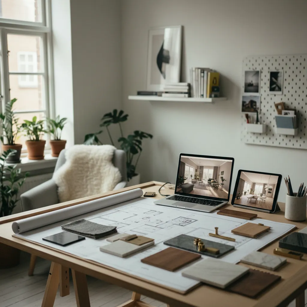 Interior design drawing on wooden desk with laptop and tablet showing 3D room material samples