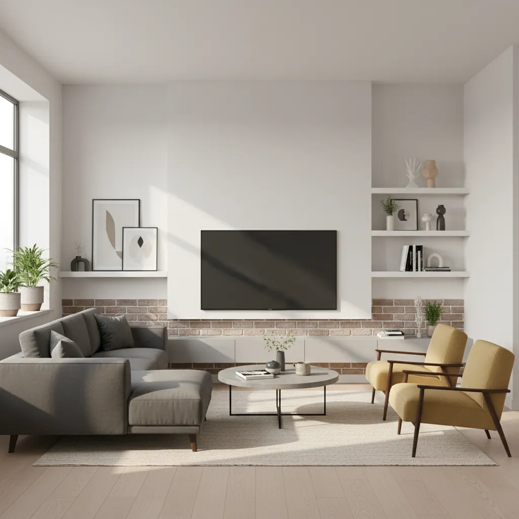 Apartment interior with partial brick accent wall and light painted walls