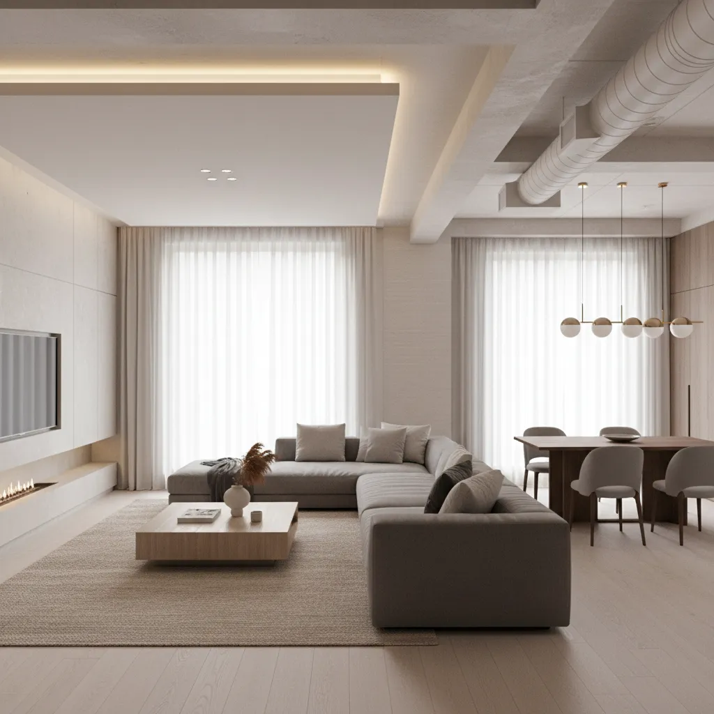 Partial false ceiling above sofa area in L shaped living room