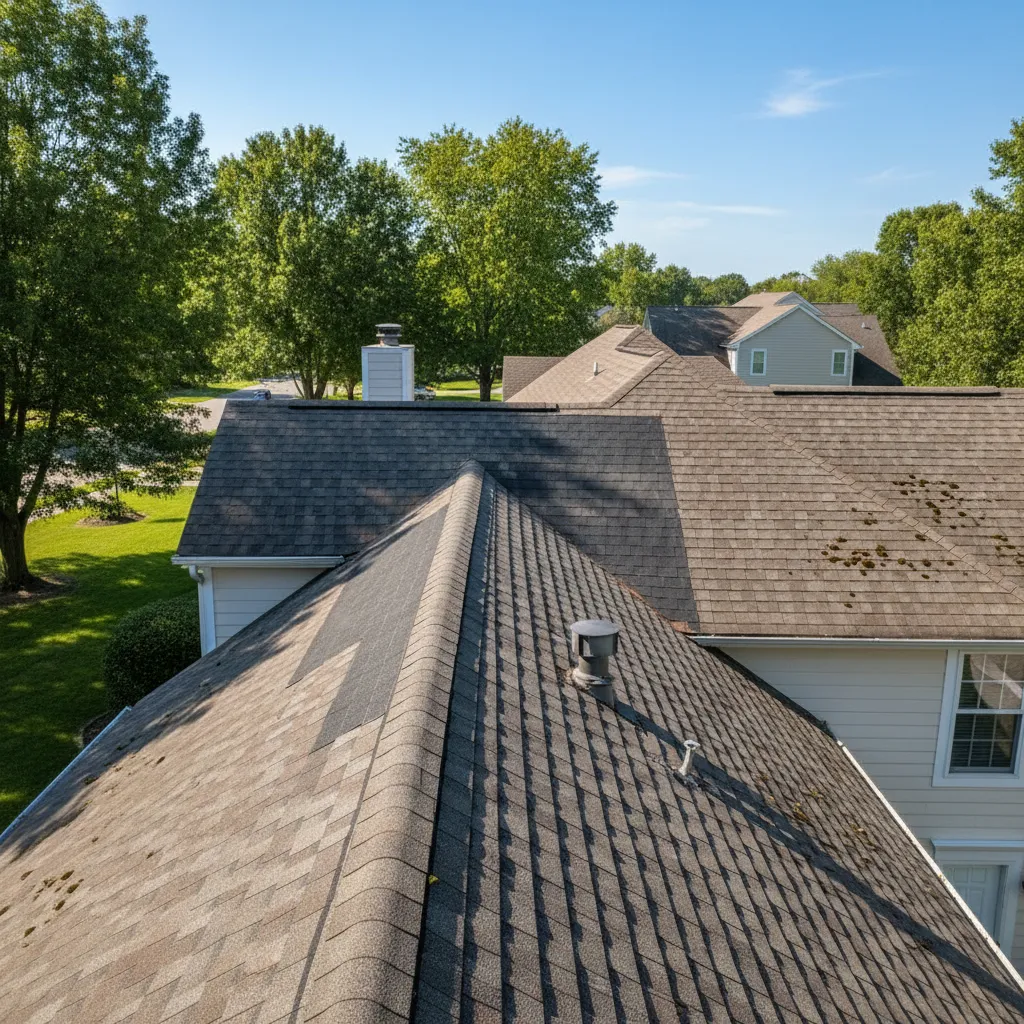 House roof showing newly replaced section of shingles next to older roof area