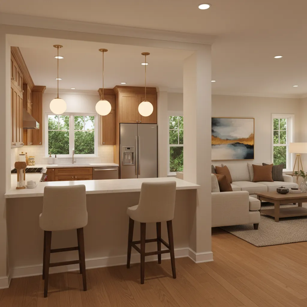 Kitchen and living room connected with partial wall opening and breakfast bar