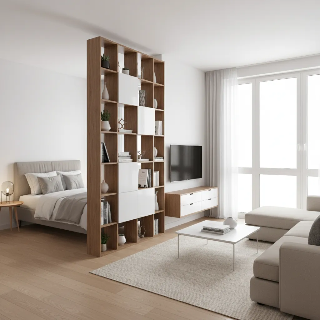 Open plan studio apartment using tall wooden bookshelf to separate the bedroom and living room