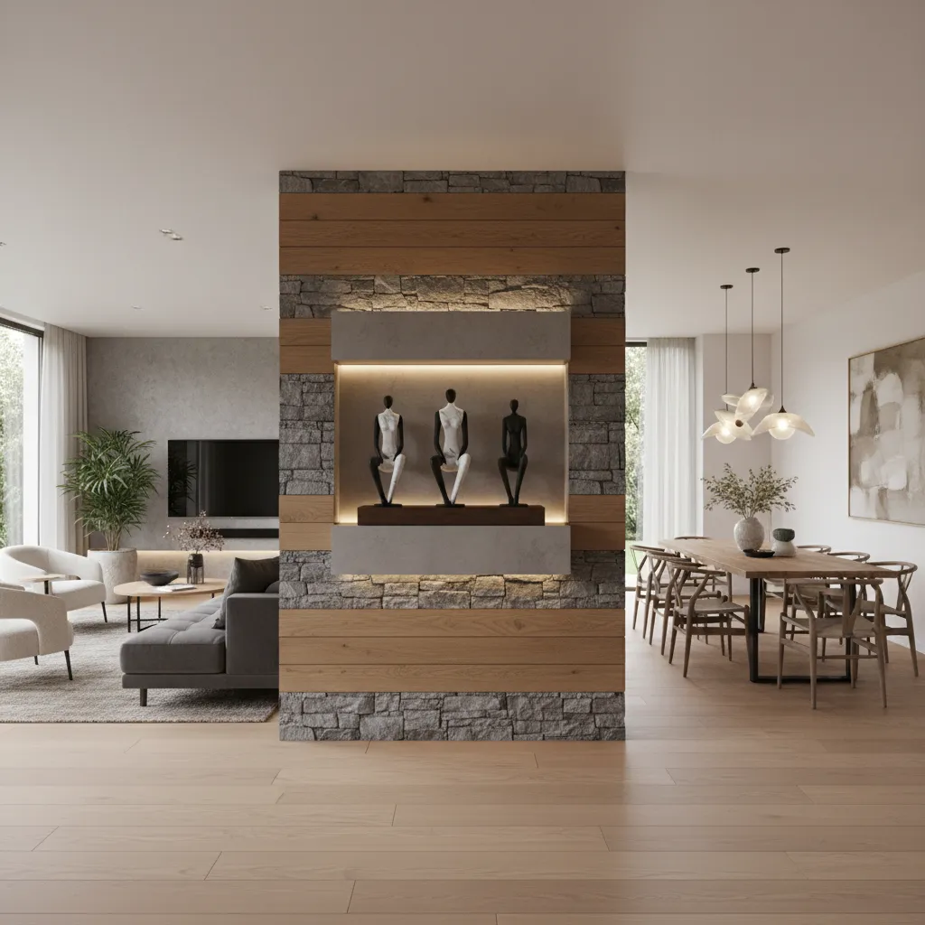 Stone and wood partition wall with statues separating a modern living room and dining room