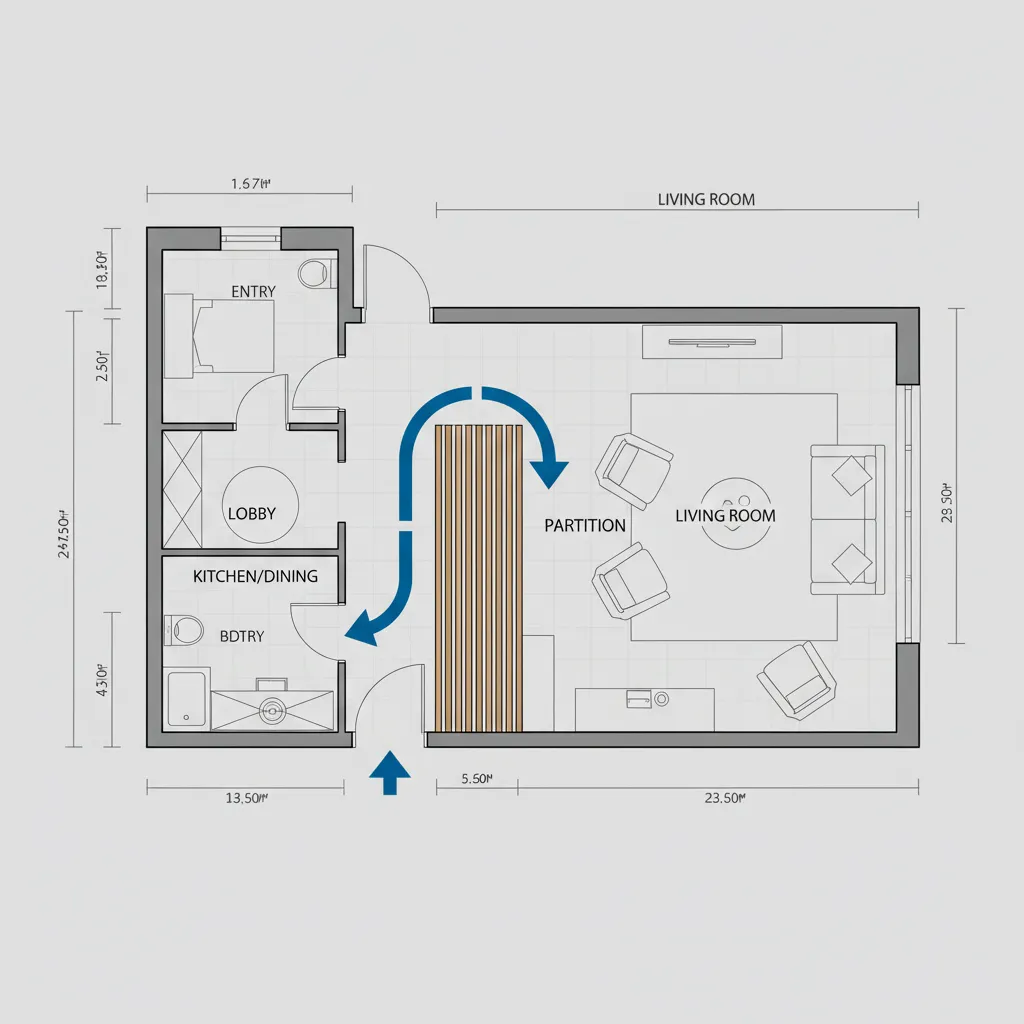 Living room floor plan showing traffic flow around partition divider