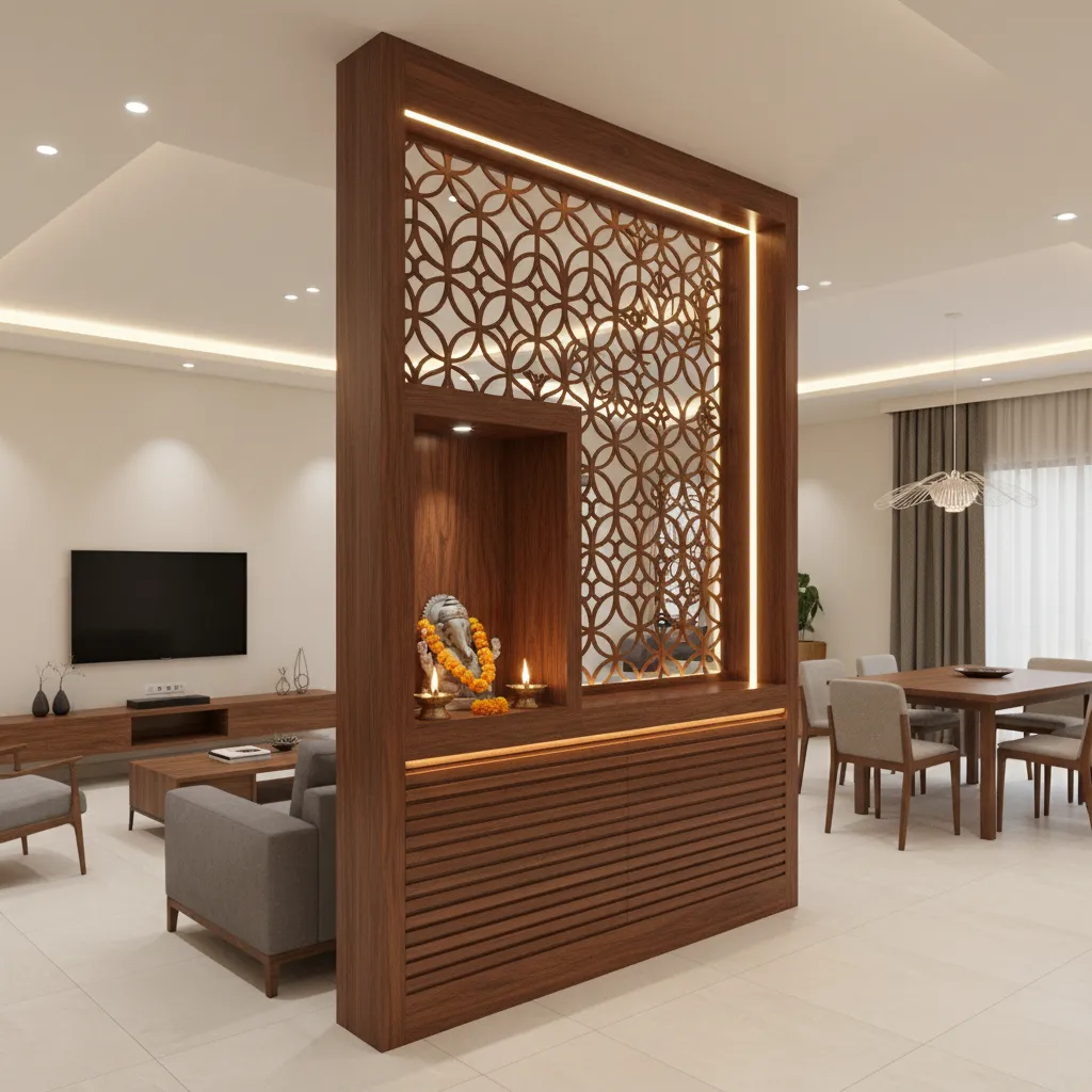 wooden partition with built in pooja mandir separating living and dining area