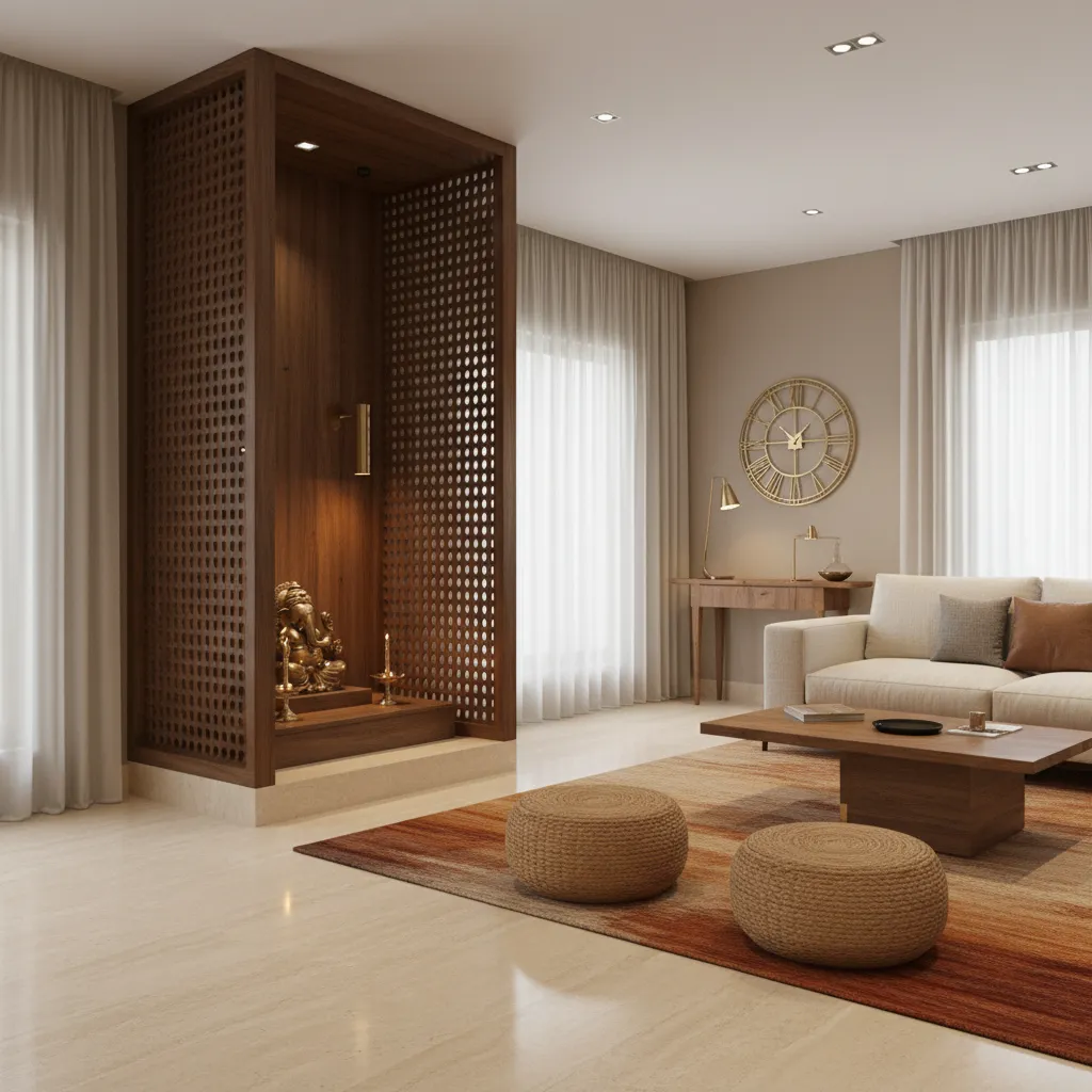 wooden partition pooja space in living room