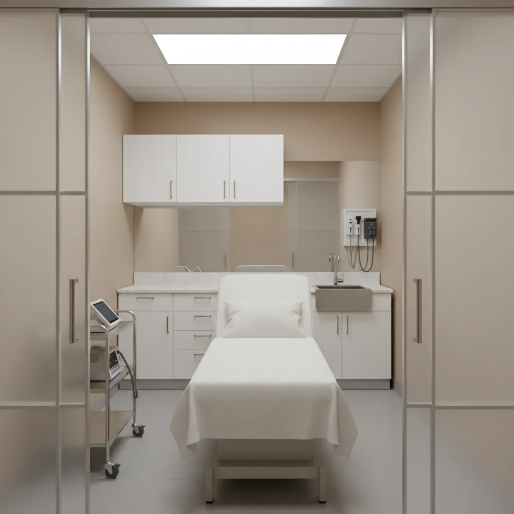 Private exam room inside small medical clinic with medical equipment