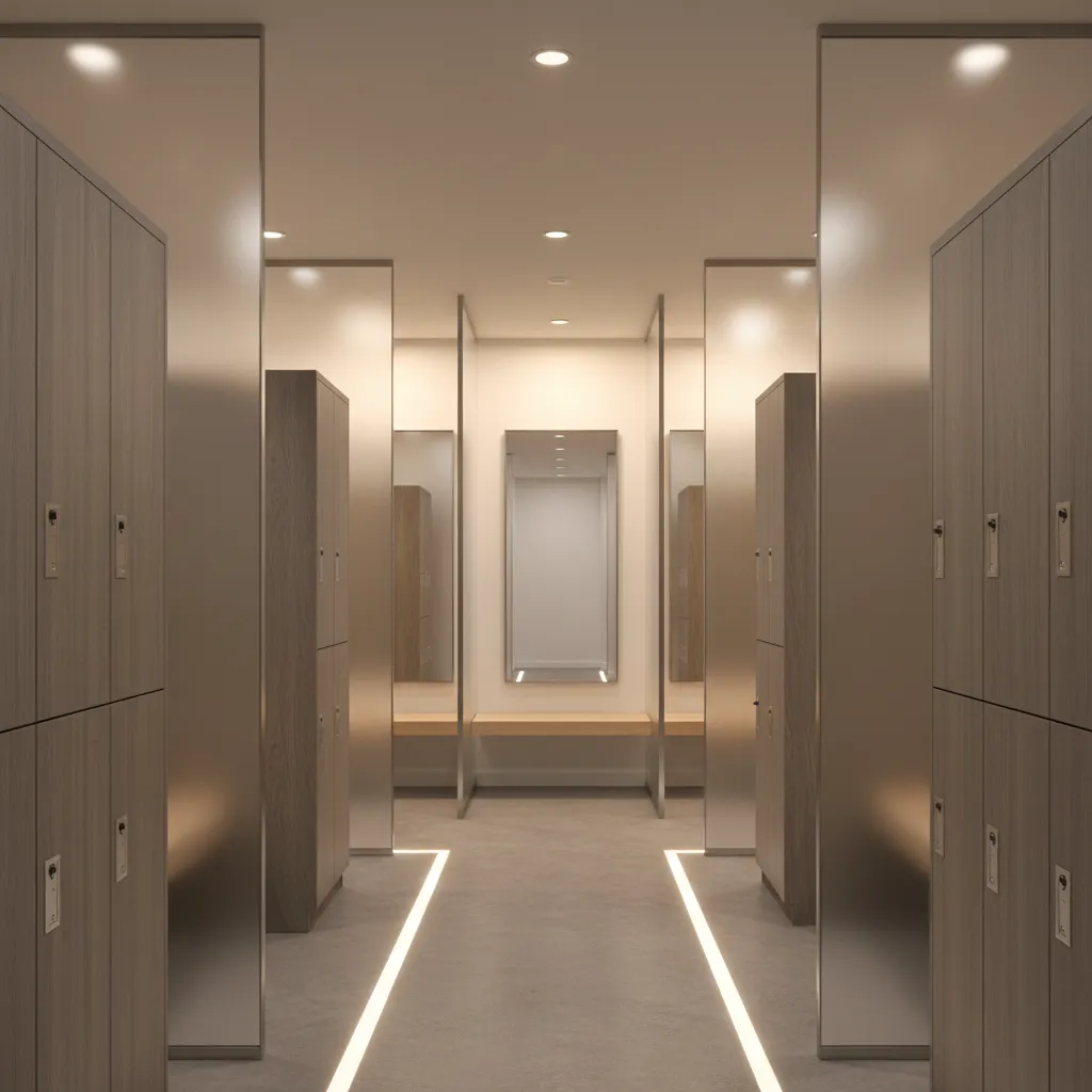 Locker room with partial partitions creating semi private changing zones