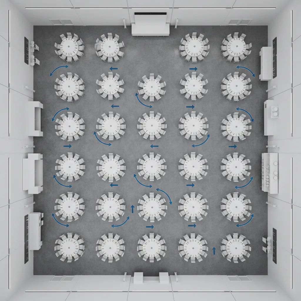 party room layout showing walking paths between tables
