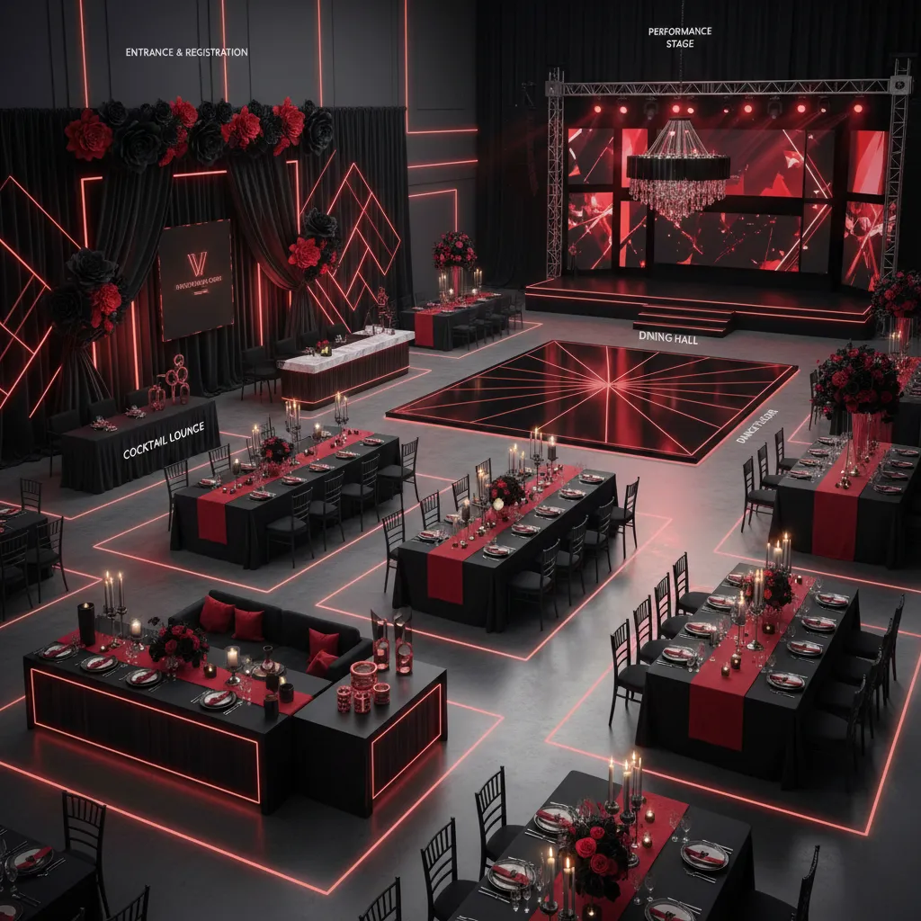 Event space divided into decoration zones for black and red themed party