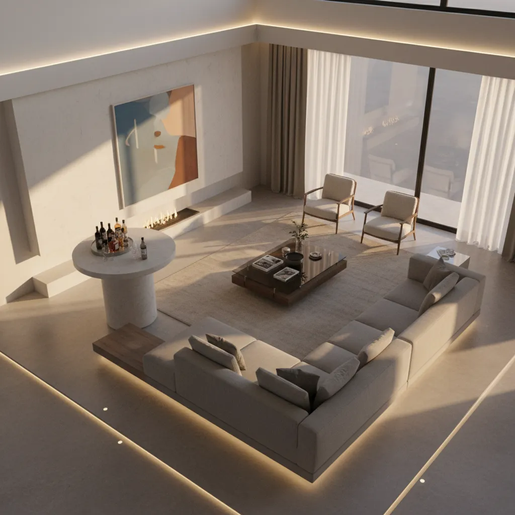 Interior layout demonstrating guest circulation paths in a small party setting