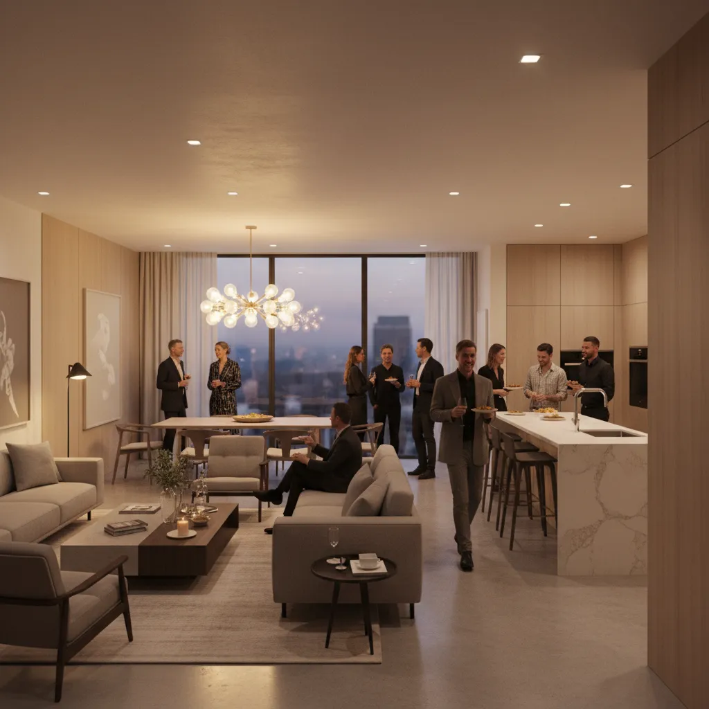 Guests naturally spreading from living room to kitchen during a small home gathering