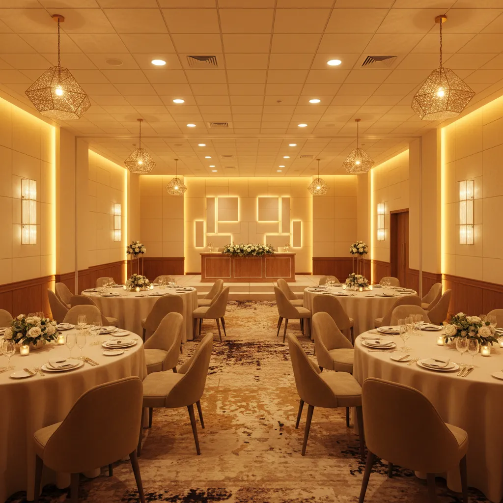 Small party hall with layered lighting and illuminated wall panels