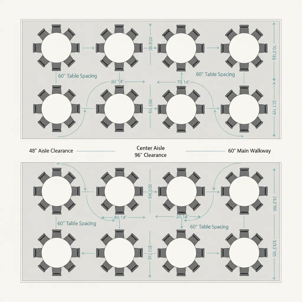 Diagram showing proper spacing between party tables and walkways