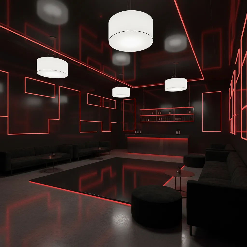 Small party room with red accent lighting and black decorations creating spacious feel
