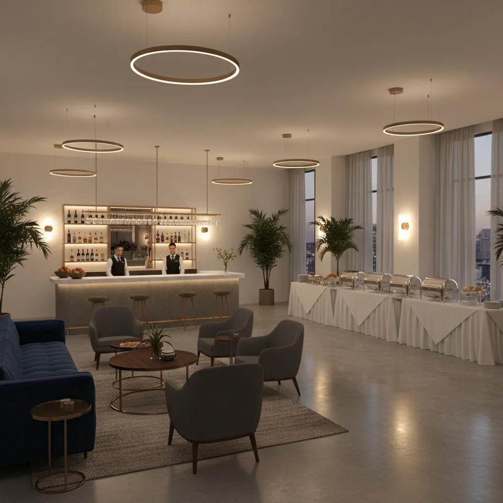 party room with clearly separated zones for bar buffet seating and dance floor