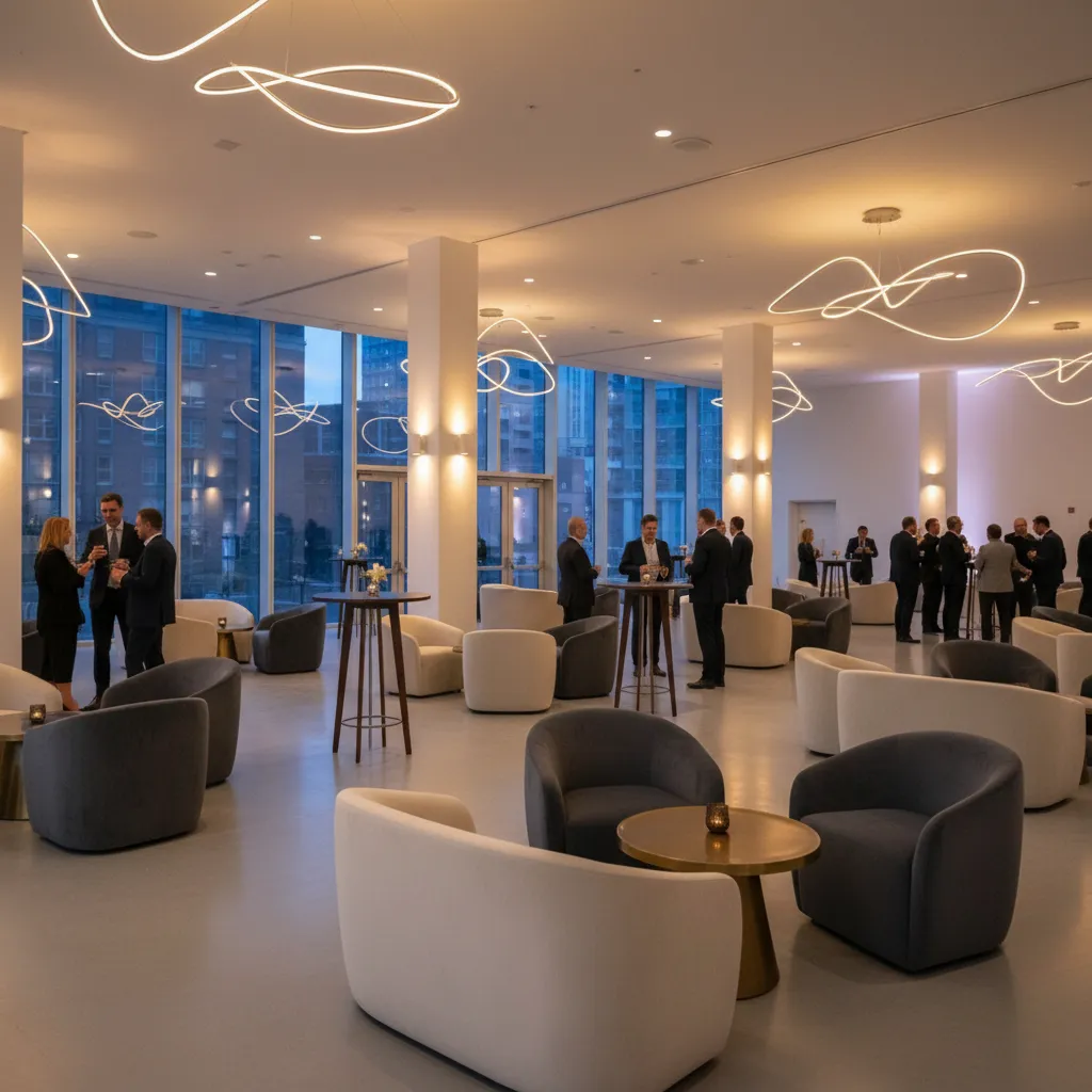 party seating clusters with lounge chairs and cocktail tables for social events
