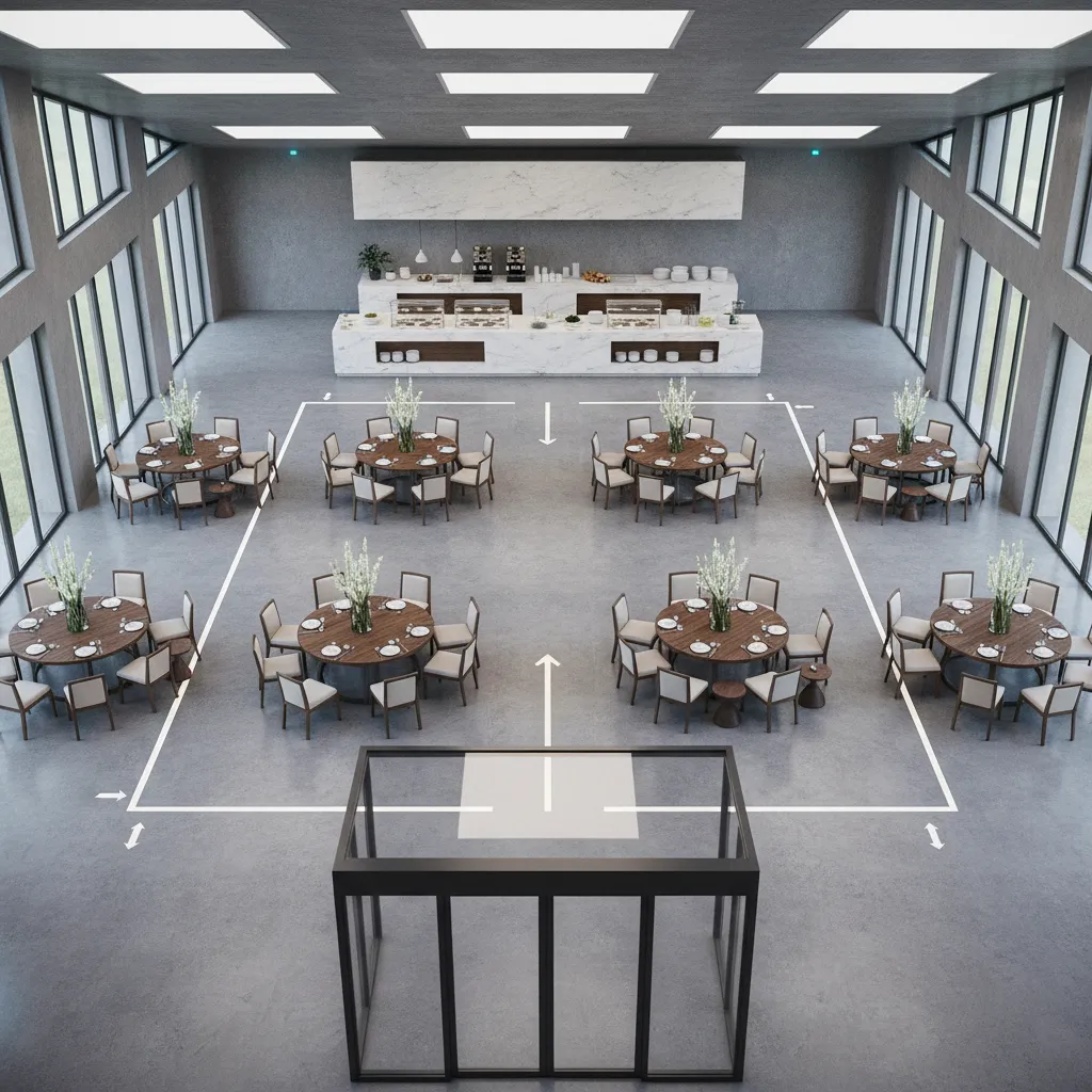 event room layout showing guest traffic flow paths around buffet and seating