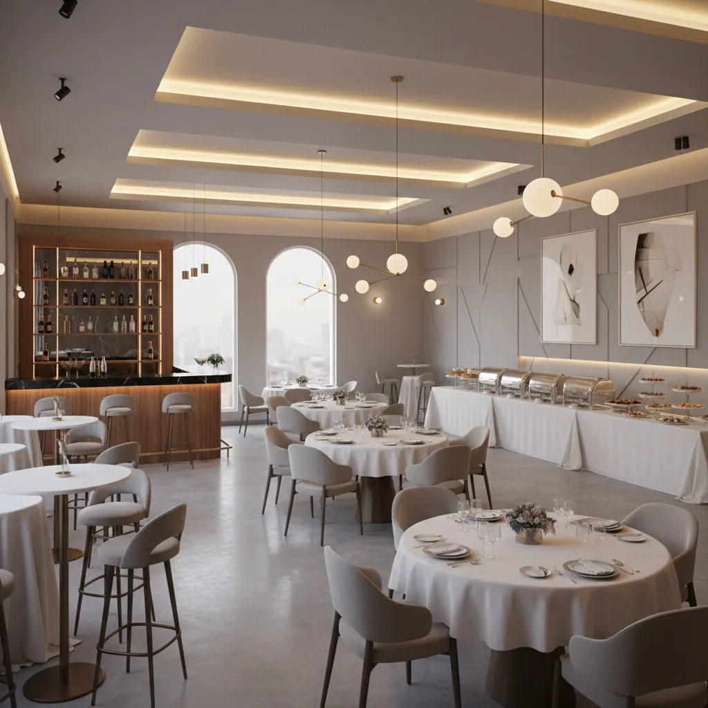 party room divided into dining buffet and bar zones