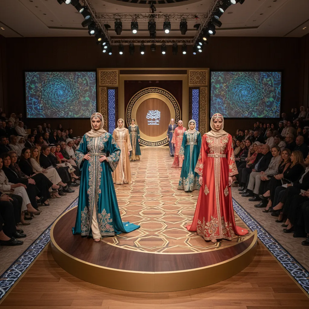 Evento cultural de moda inspirado en el mundo árabe con público y pasarela