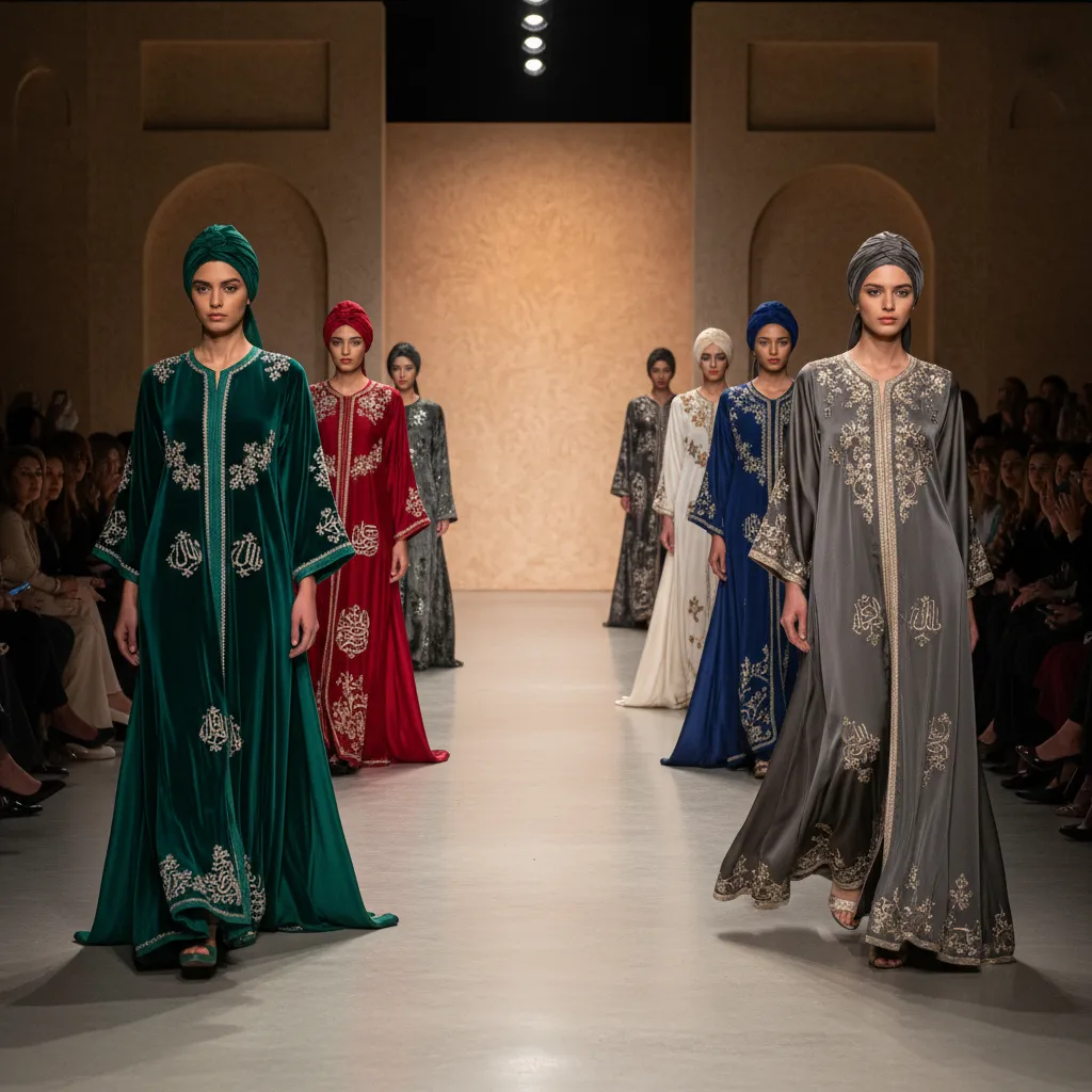 Modelos mostrando moda islámica contemporánea en una pasarela cultural