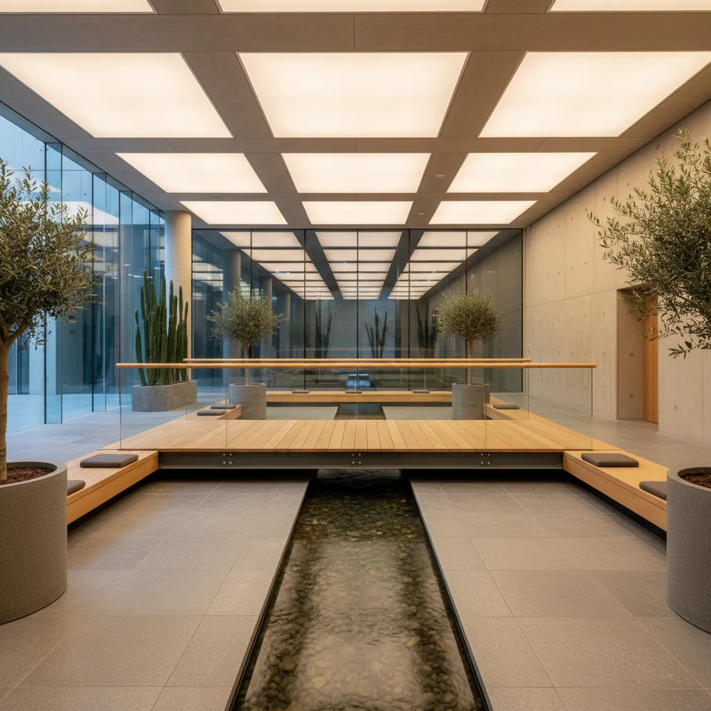 Pasarela de madera cruzando un río interior en una casa moderna