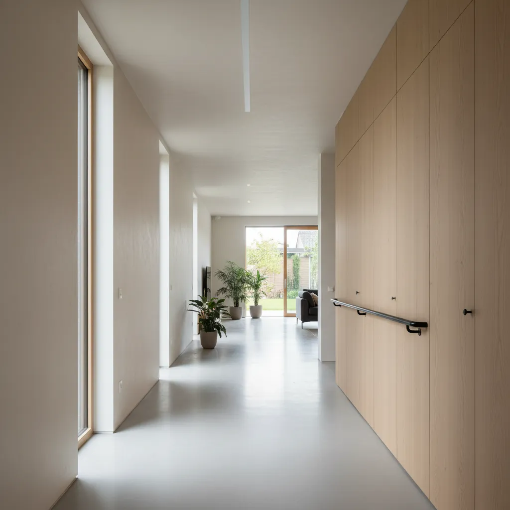 Interior de una vivienda accesible con pasillo ancho para silla de ruedas