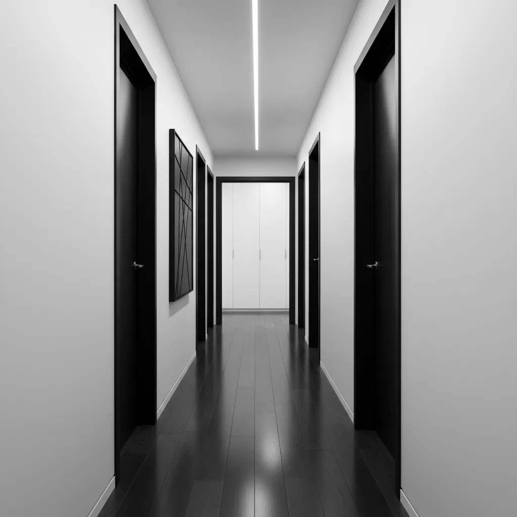 Pasillo moderno con contraste de paredes blancas y detalles negros